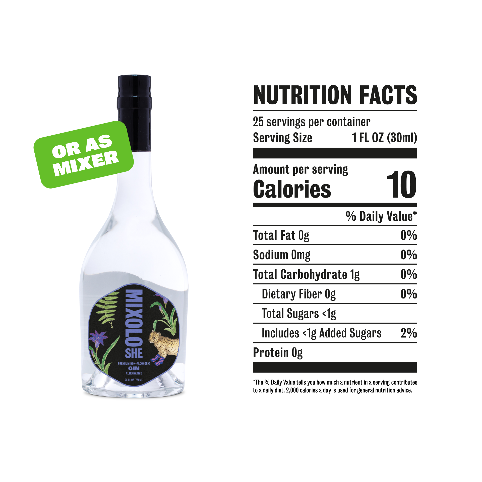 Mixoloshe Premium Non-Alcoholic Gin Nutrition Facts - only 10 Calories per 1 fl oz serving