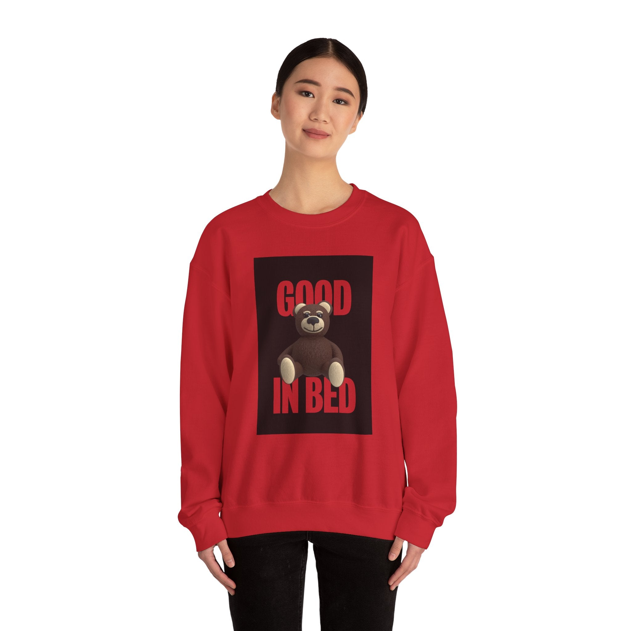 front of good in bed sweater red