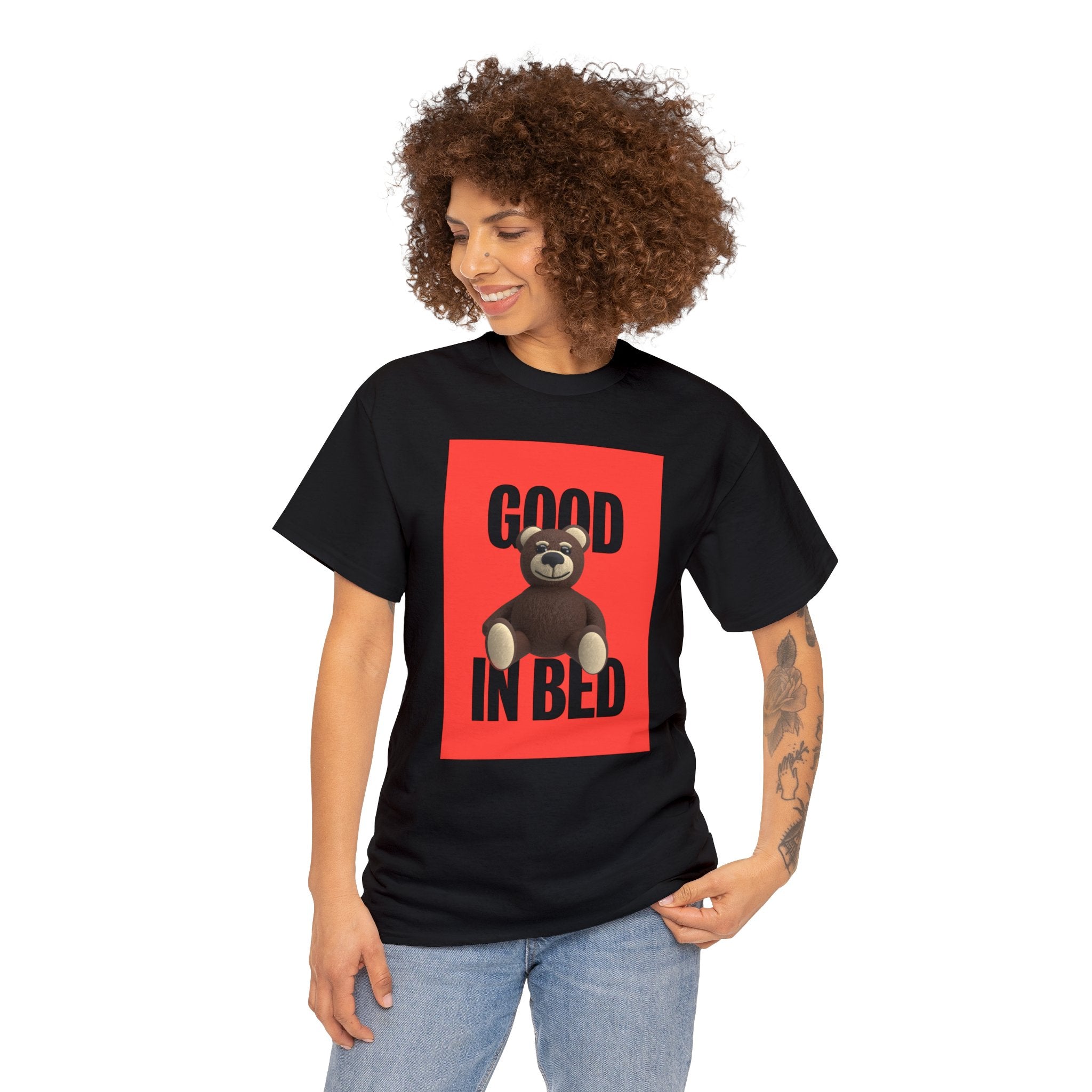 good in bed shirt with our female model